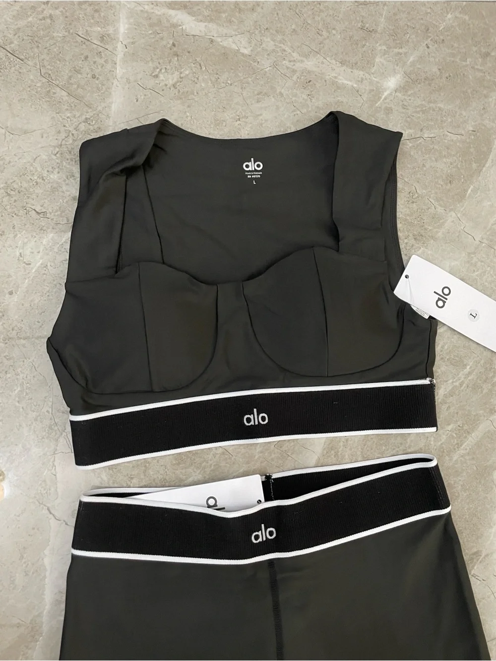 ALO Yoga Black Legging and Crop Top Set with White Trim